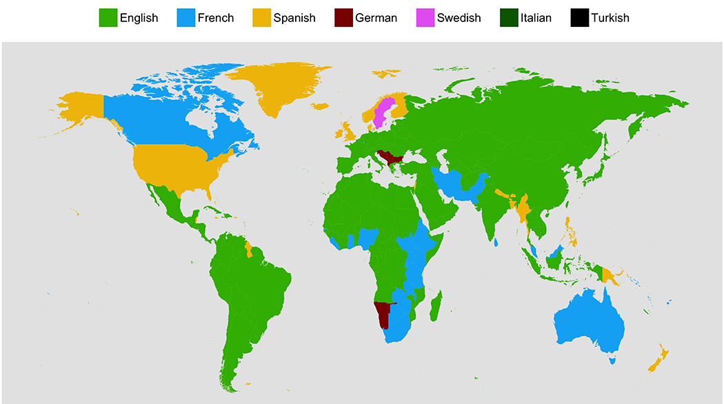 世界说英语的国家分布图
